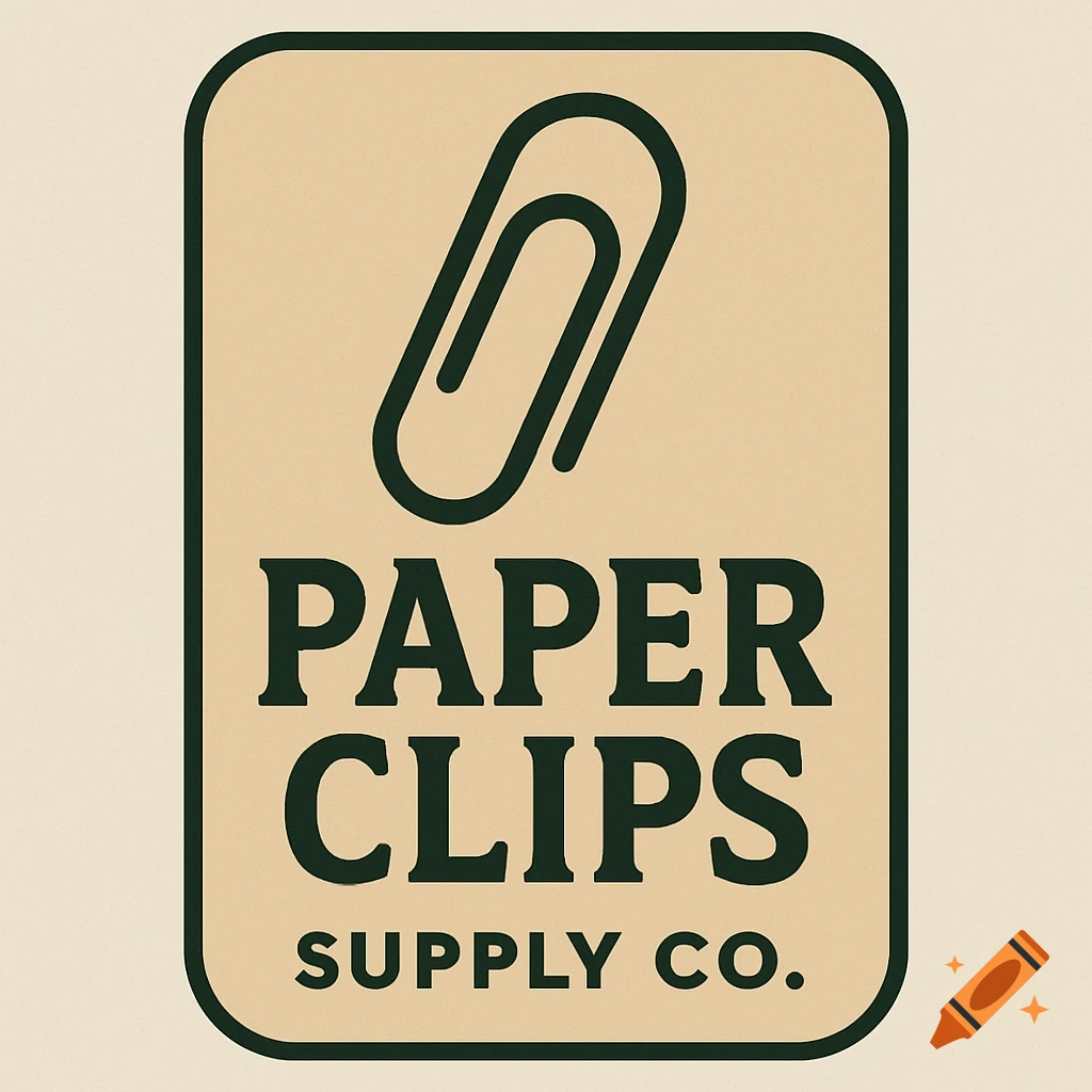 Logo for paper clips supply company with paper clip icon on a beige background.