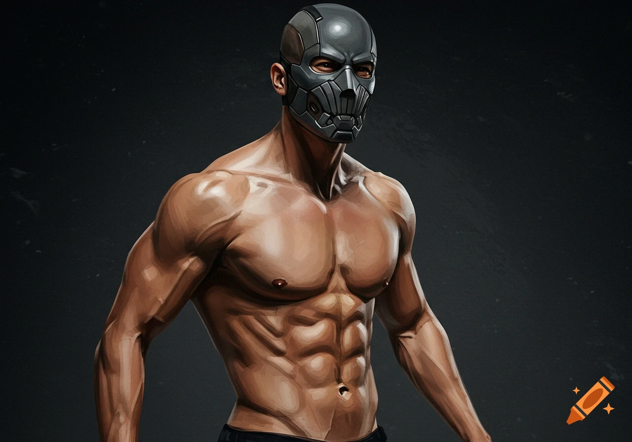 Muscular man wearing a metallic mask, digital painting