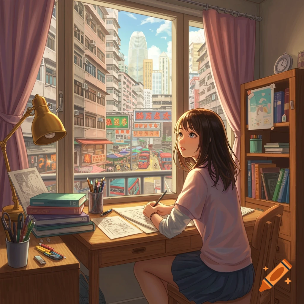 Anime illustration of a girl studying at a desk in a room overlooking a bustling city.