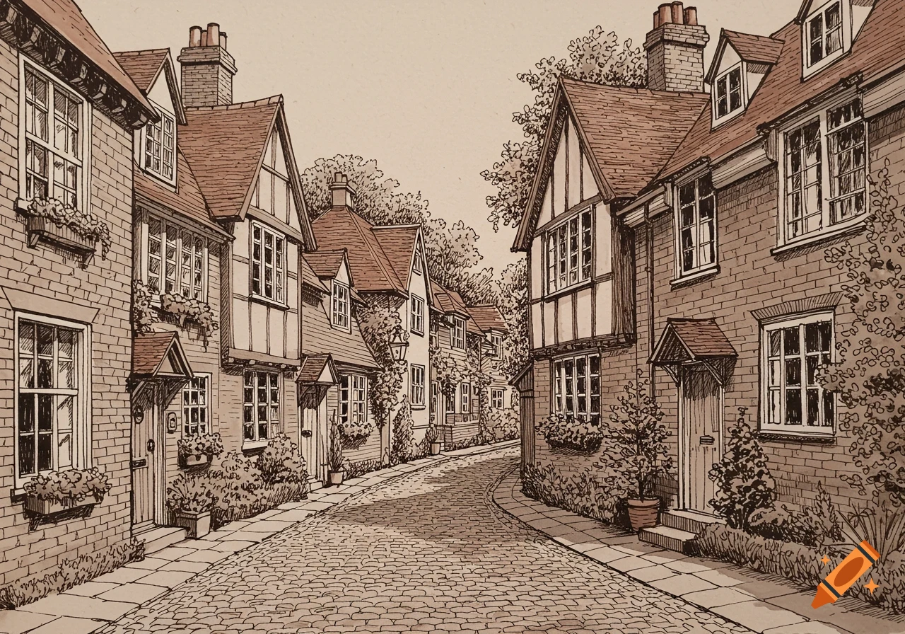 Ink pen drawing of a winding cobblestone street lined with old houses.