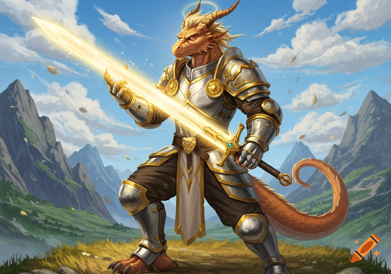 A dragonborn paladin in shining armor holds a glowing sword aloft in a mountainous landscape.