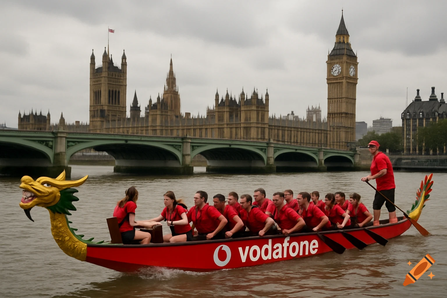 A Vodafone dragon boat with a team rows on the River Thames with the Houses of Parliament and Big Ben in the background.