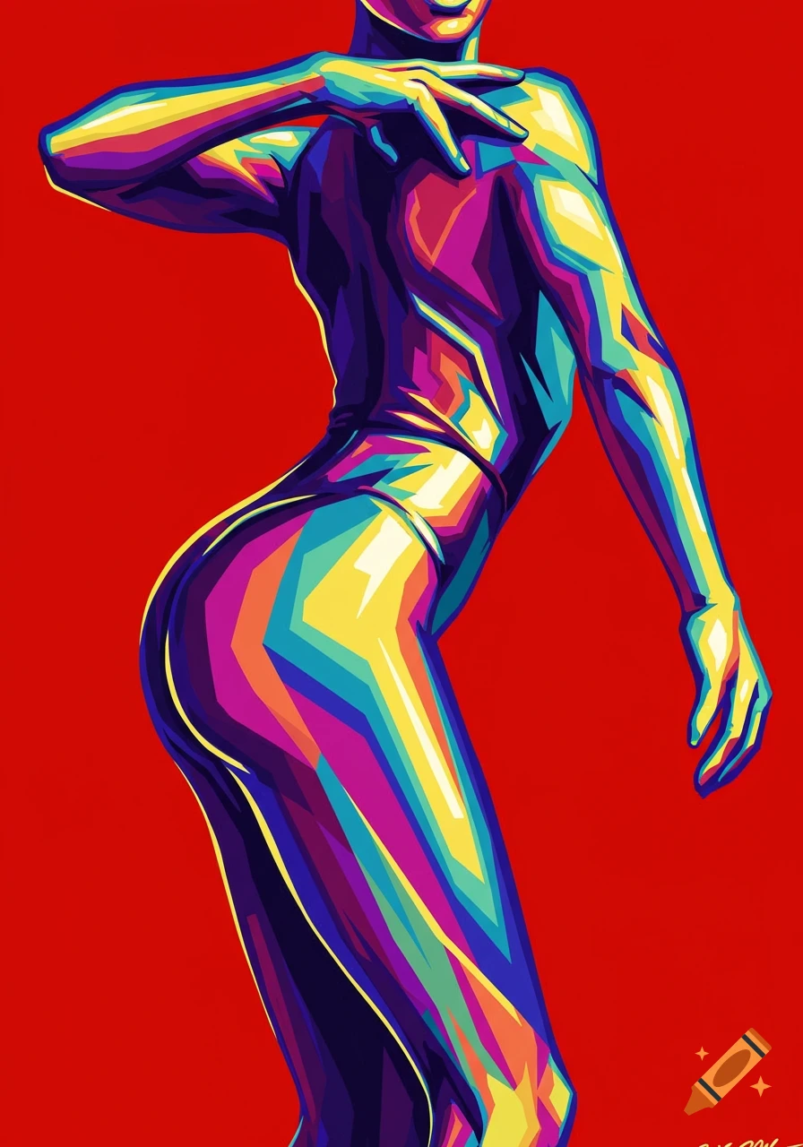 Stylized figure in tight clothing rendered in geometric shapes and bright pop art colors against a red background.