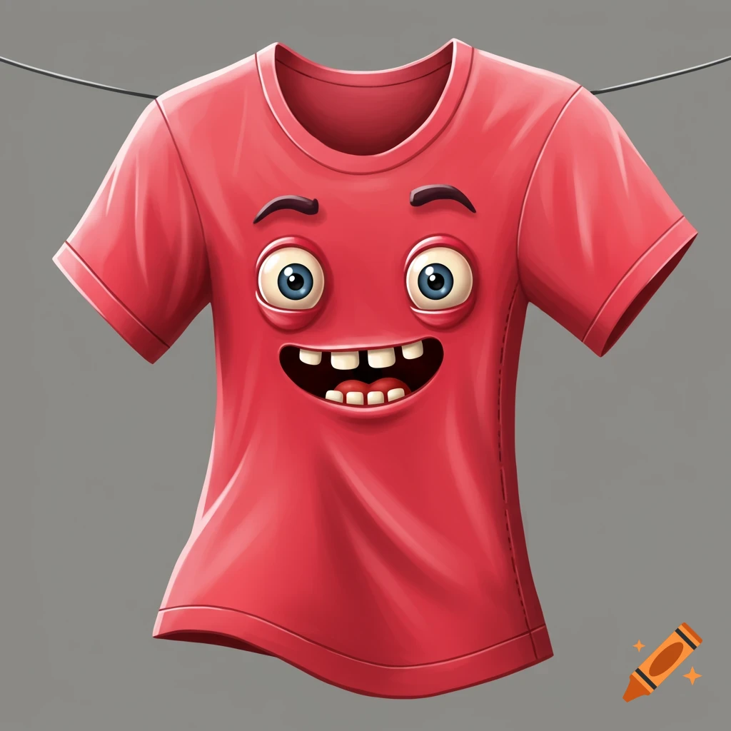 Cartoon red t-shirt with a funny face hangs on a line. Illustration.