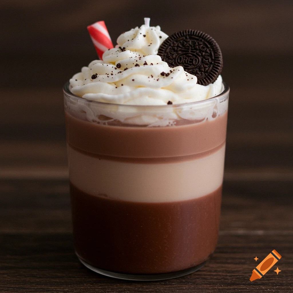 Layered chocolate drink candle with whipped cream, Oreo, and straw
