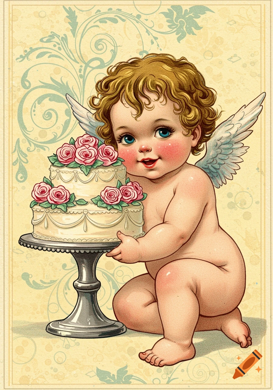 A vintage illustration of a cherub holding a two-tiered cake decorated with pink roses.
