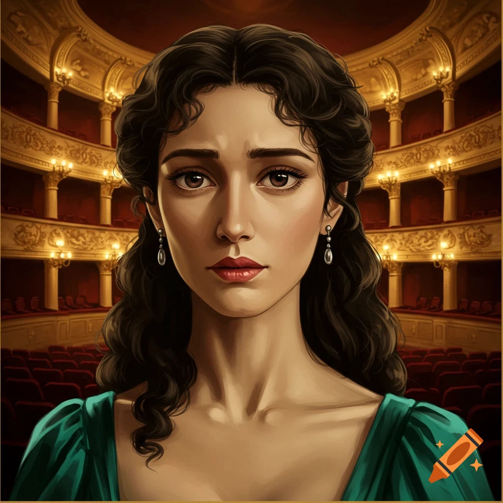 A portrait of a woman with dark wavy hair and a green dress, standing in an opera house with red seats and golden balconies.