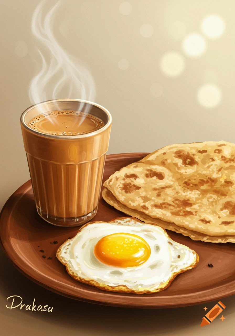 Digital painting of a glass of chai, a fried egg, and chapati on a plate.