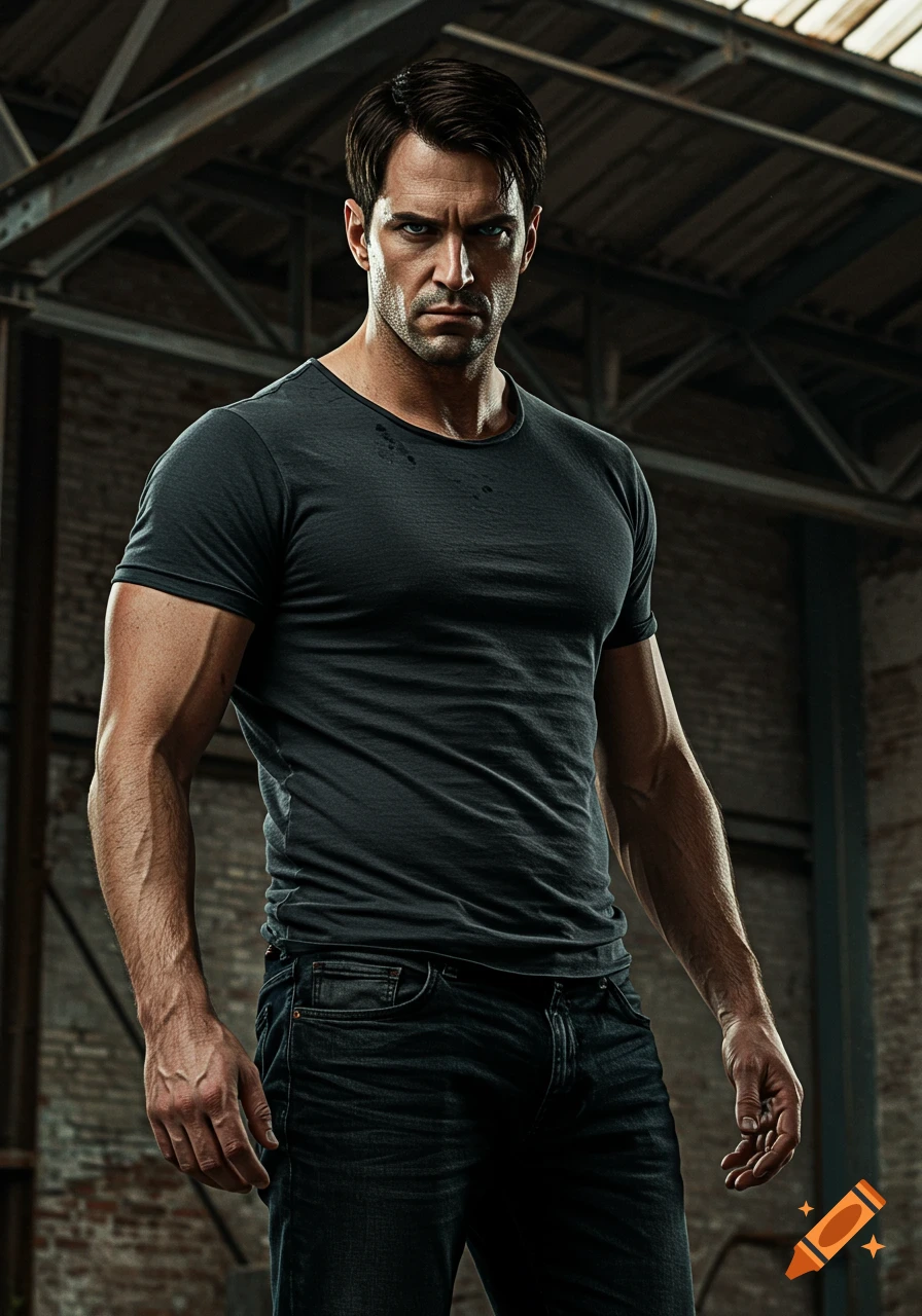A muscular man in a dark t-shirt and jeans stands in an industrial setting.