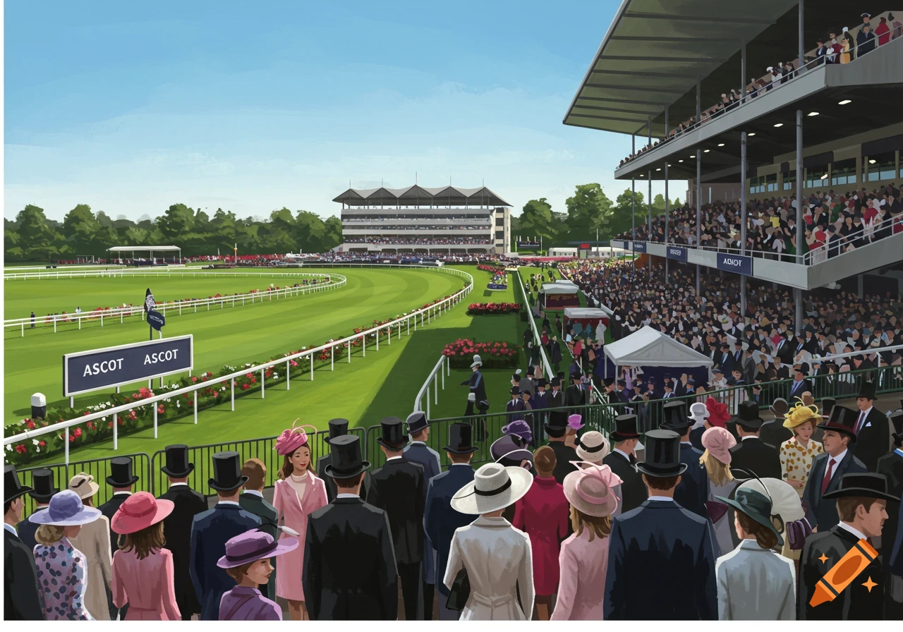 A large crowd watches a horse race from grandstands at Ascot in a painted style.