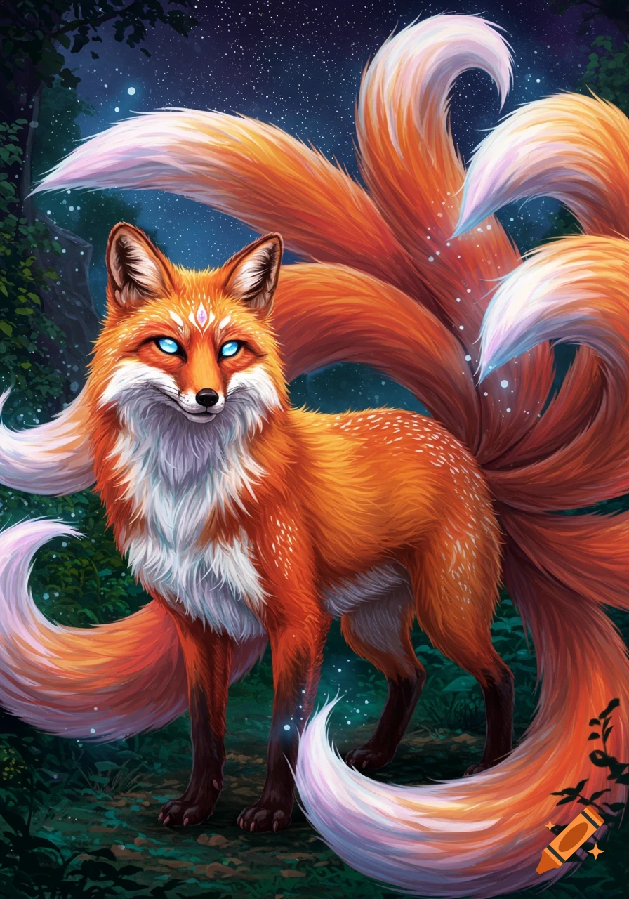 An illustration of a nine-tailed fox with blue eyes in a forest at night