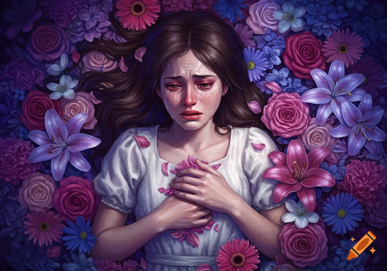 A woman crying, lying among purple and pink flowers.