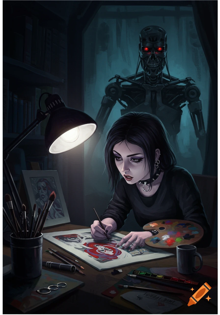 Goth art student painting at a desk, a terminator robot looms behind her in a dark room.
