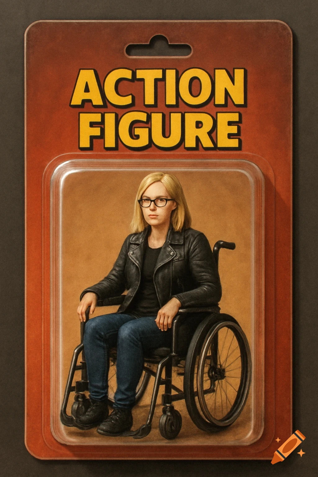 Action figure of a blonde woman in a wheelchair in packaging.