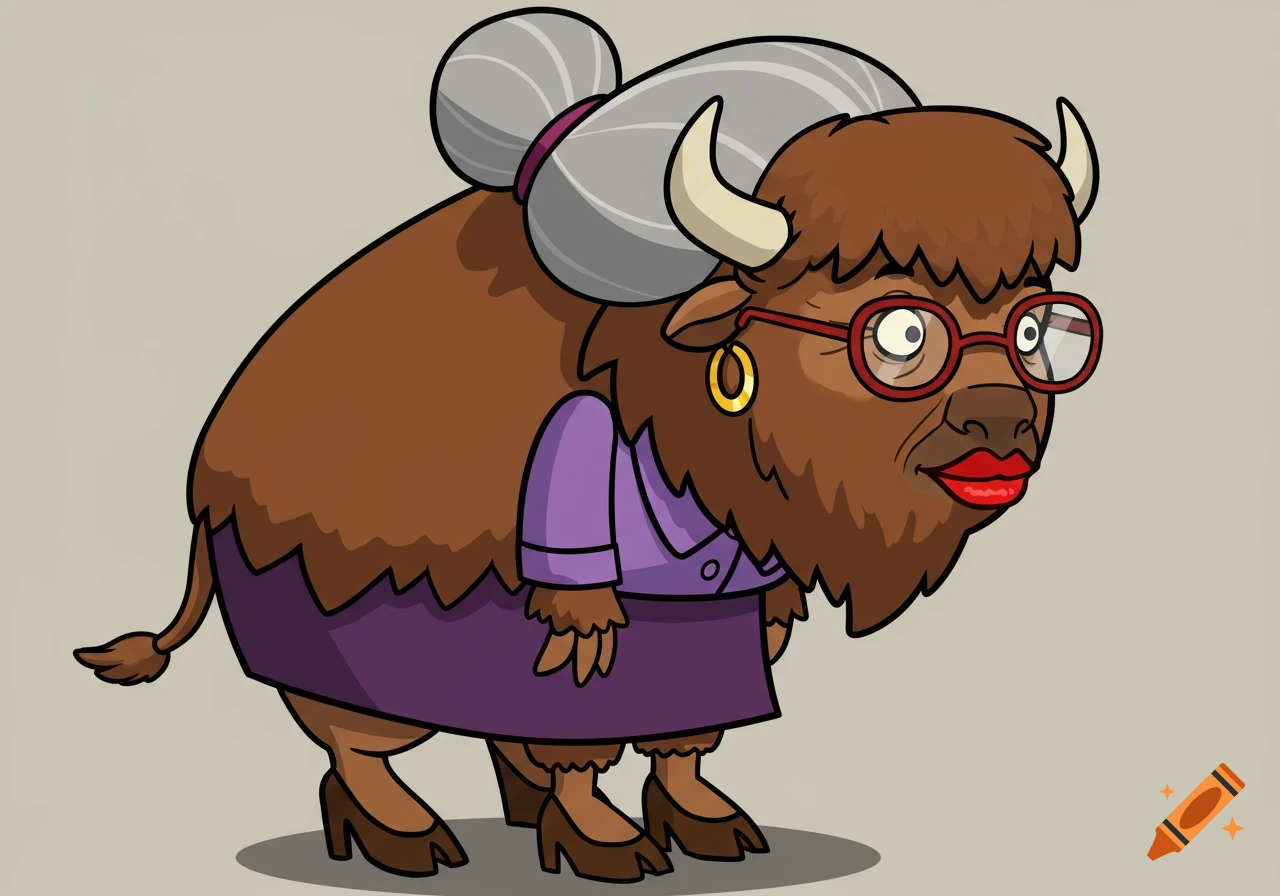 A cartoon elderly bison teacher with a hair bun, glasses, and lipstick, wearing a purple suit and high heels.
