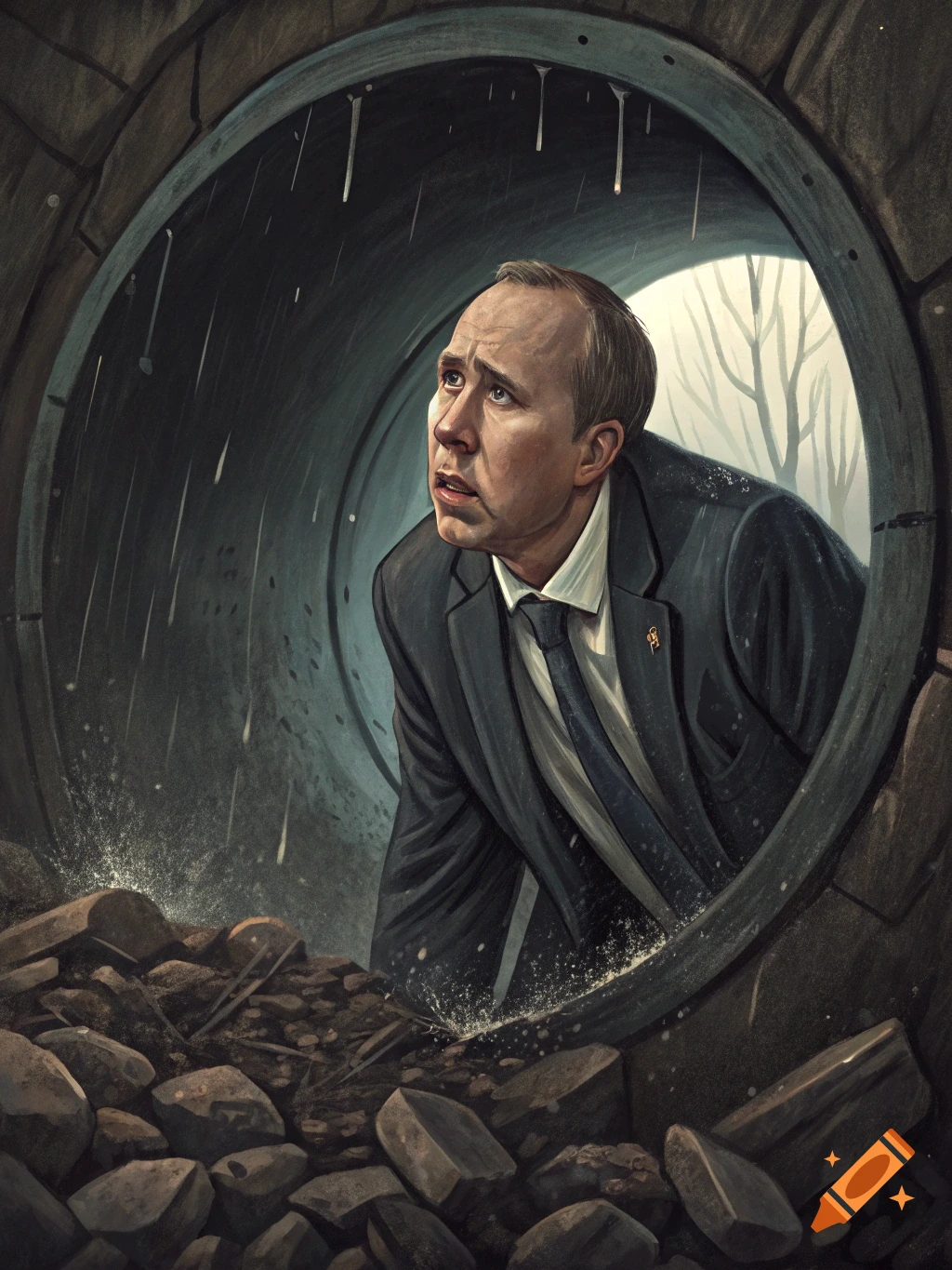 Illustration of a man in a suit looking out from inside a dark sewer pipe towards a rainy sky.
