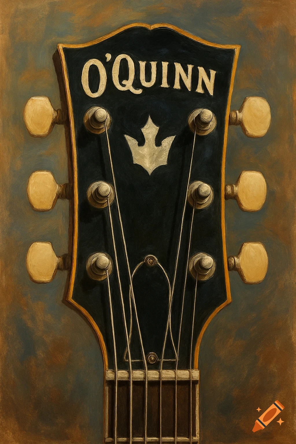 Painting of a guitar headstock with O'Quinn logo