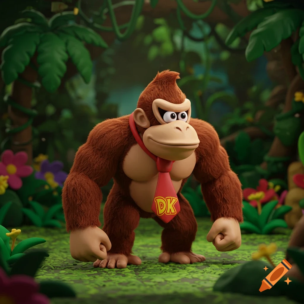 Claymation Donkey Kong standing in a jungle environment.