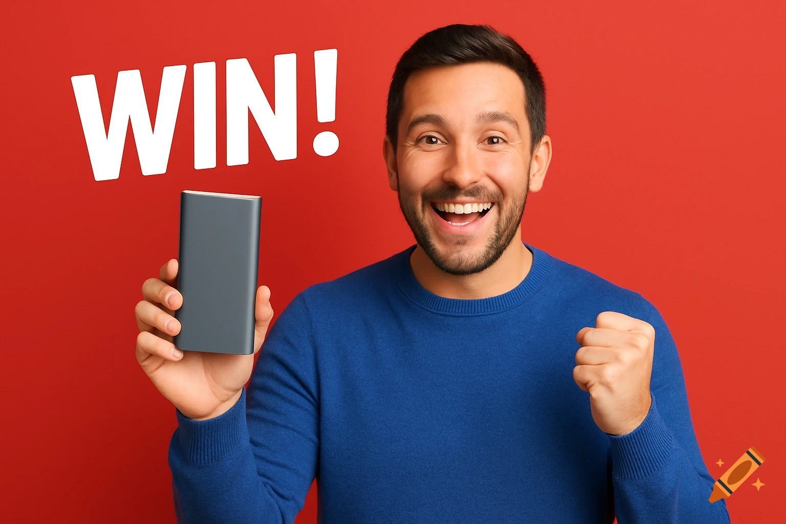 Smiling man holds a power bank and makes a fist under large text reading "WIN!" on a red background.