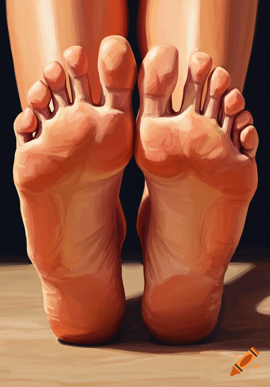 Digital painting of the soles of a pair of feet, seen from below.