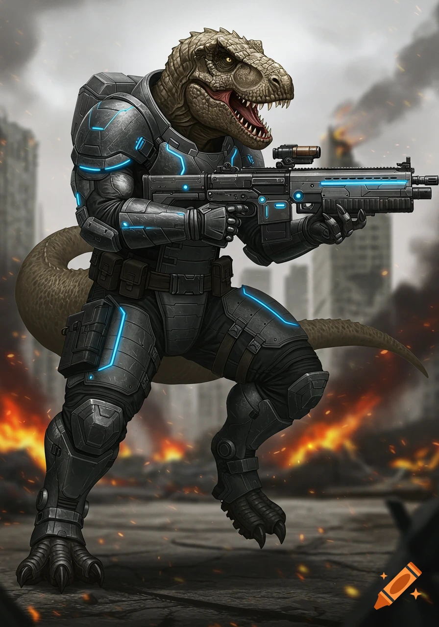 Humanoid T-Rex soldier in futuristic armor holds a rifle in a ruined city.