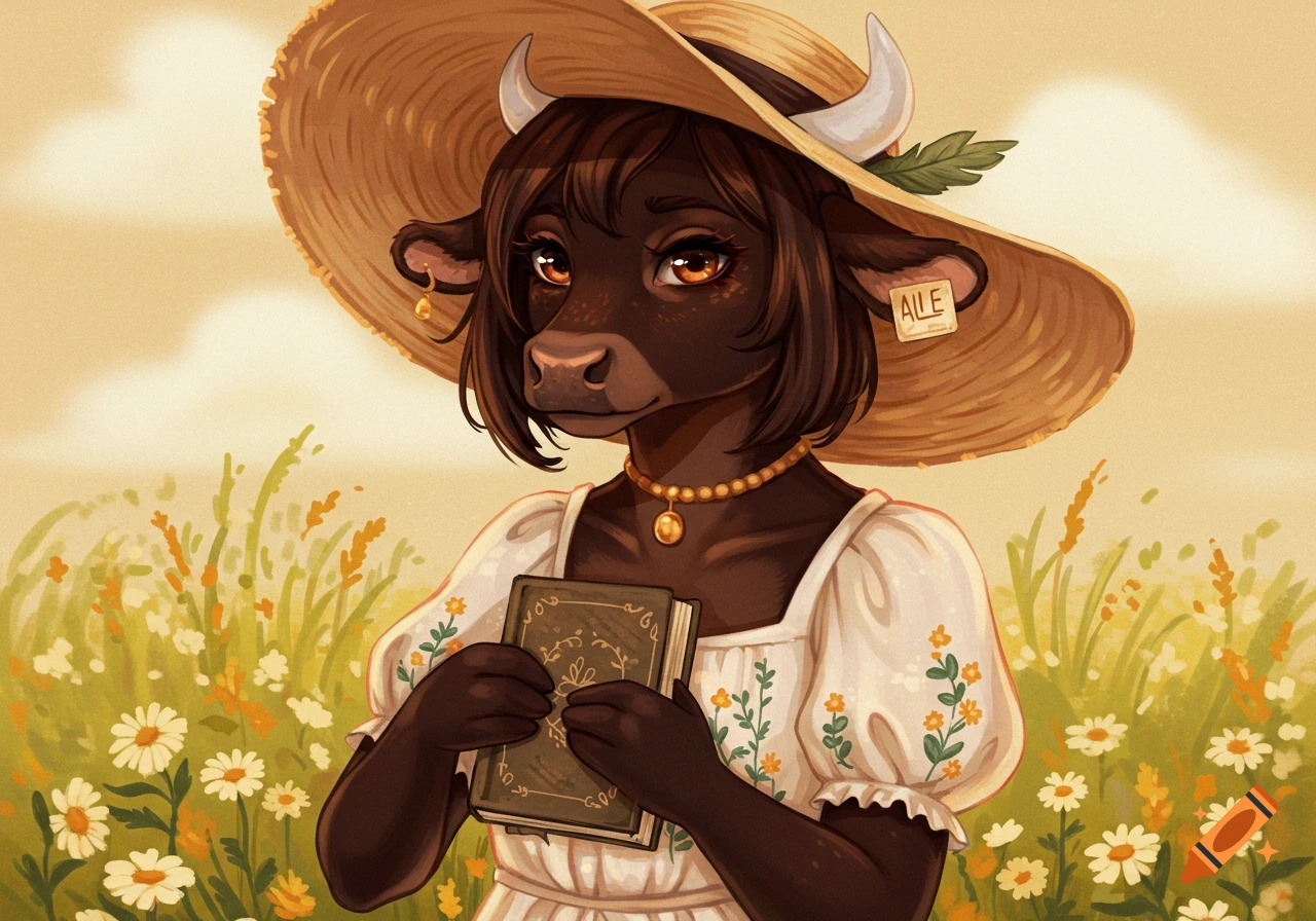 Anthro female cow in a straw hat and dress holding a book in a flower field.