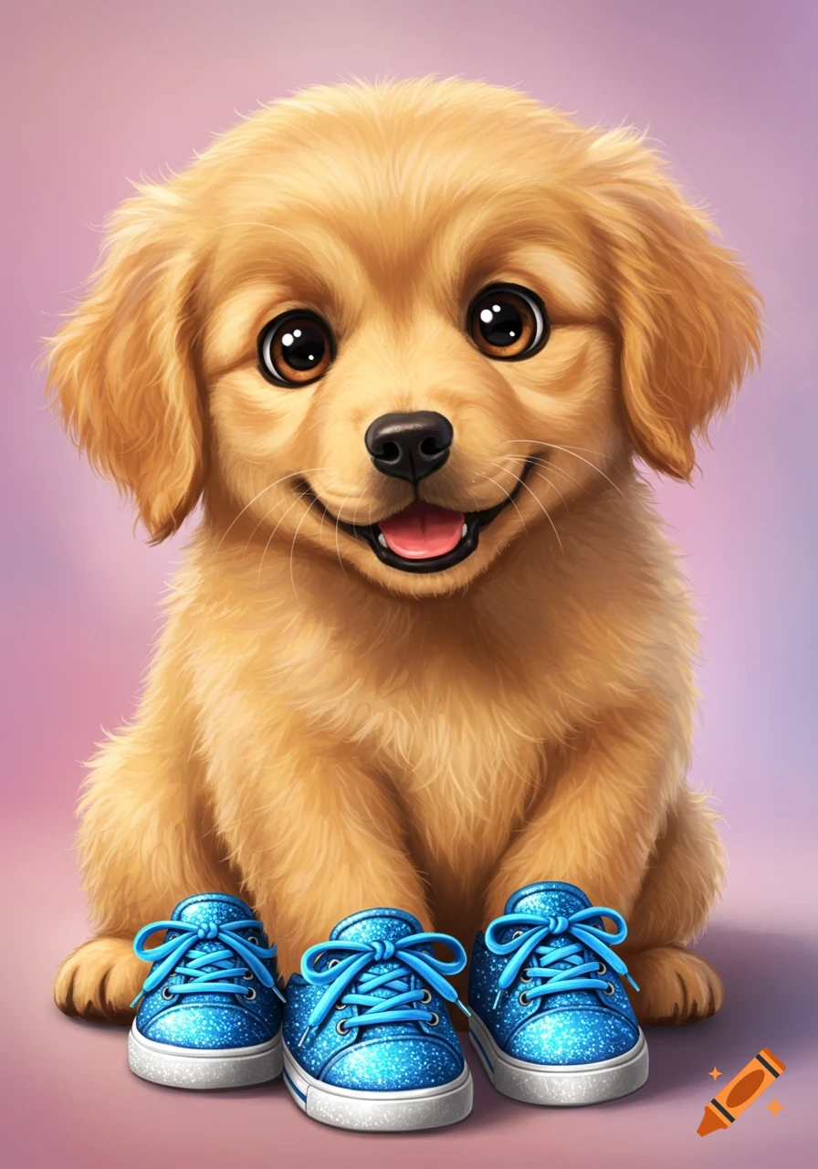 Cute illustration of a golden retriever puppy wearing blue glitter shoes.