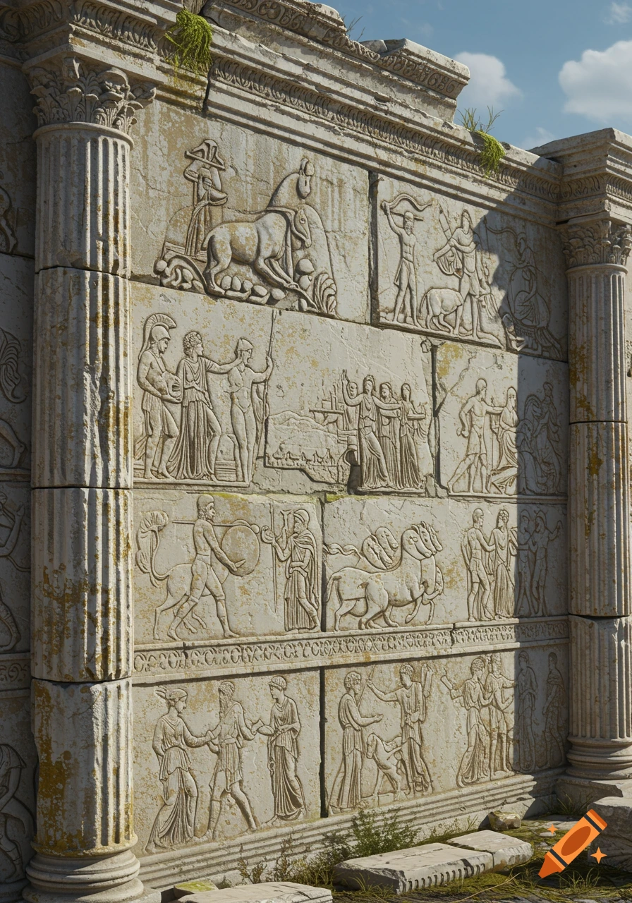 Ancient Greek relief carvings on a weathered stone wall depicting mythological scenes.