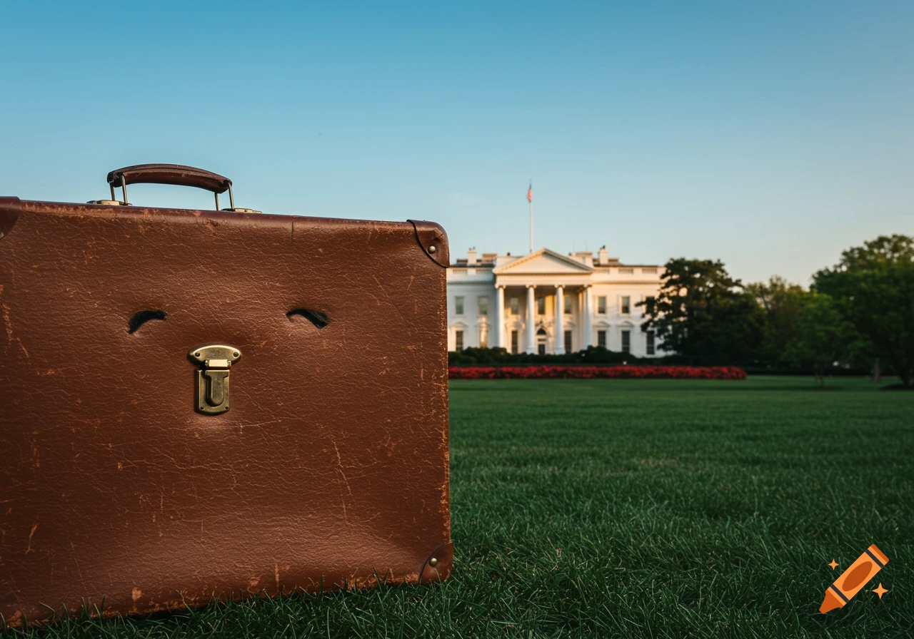 A brown suitcase sits on a grassy lawn looking towards the White House on a sunny day