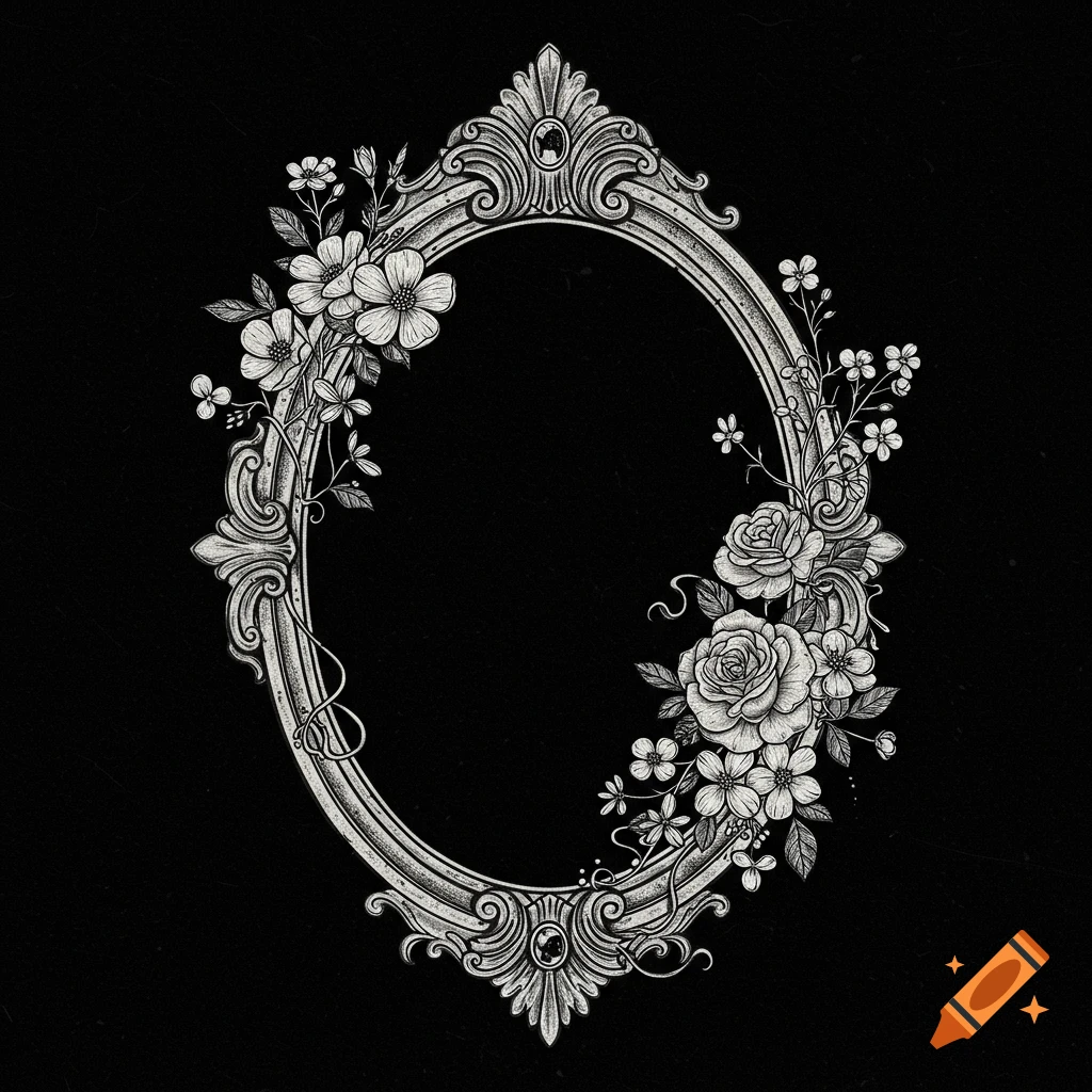 Black and white illustration of a vintage oval frame with detailed floral accents.