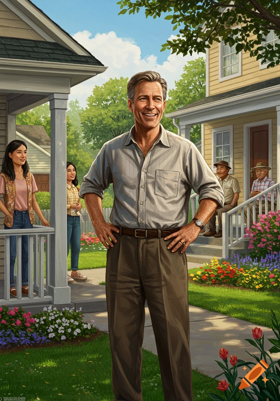 A smiling man stands in a front yard with neighbors visible on porches behind him, rendered in a painted style.