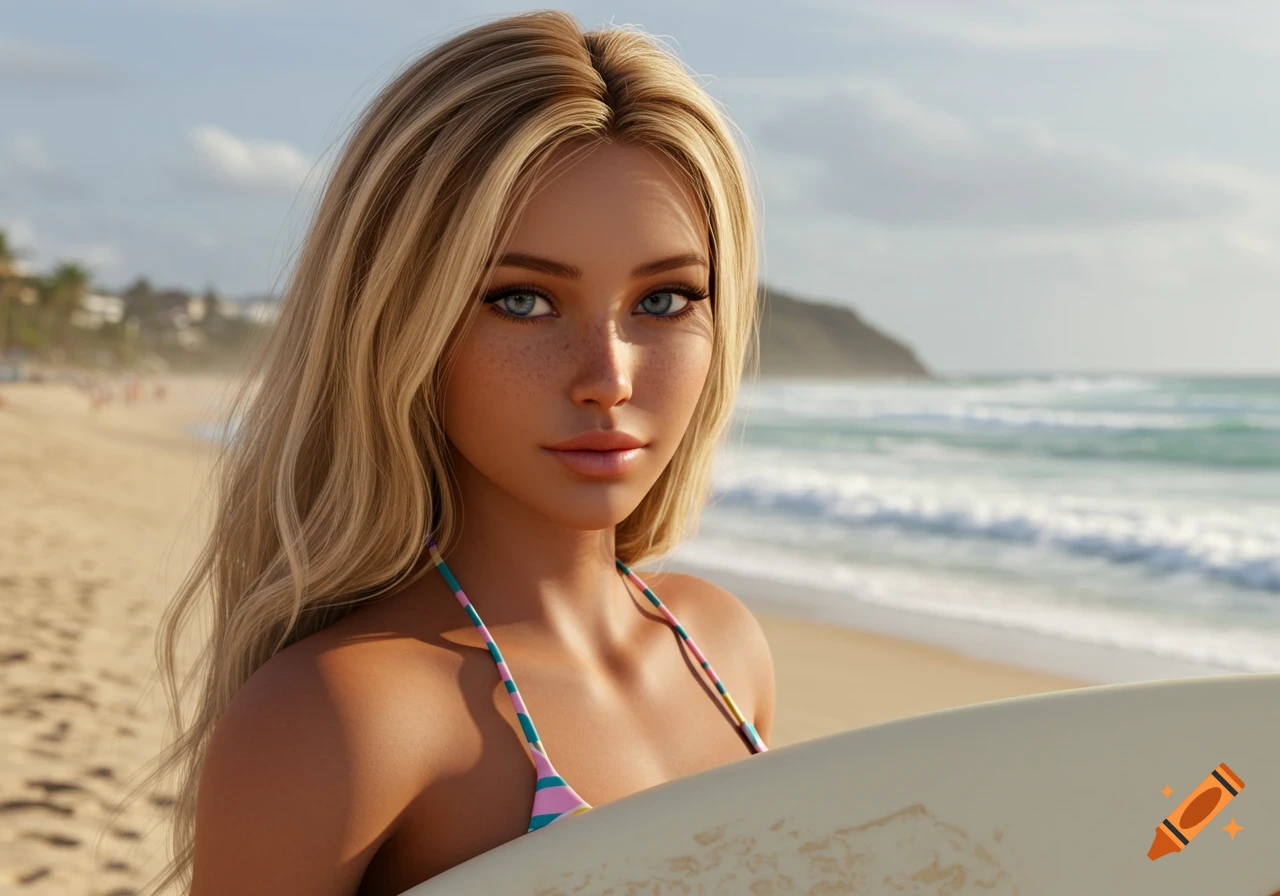 Close-up photorealistic portrait of a blonde woman with blue eyes and freckles holding a surfboard on a beach.