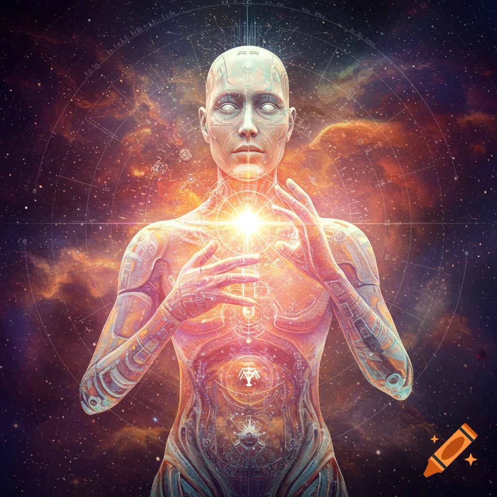 Robotic or augmented figure holding a glowing light in space with astrological charts