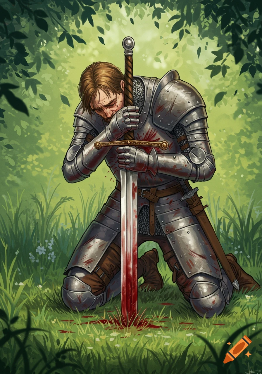 Drawing of a kneeling knight with a sword through his chest in a forest clearing.