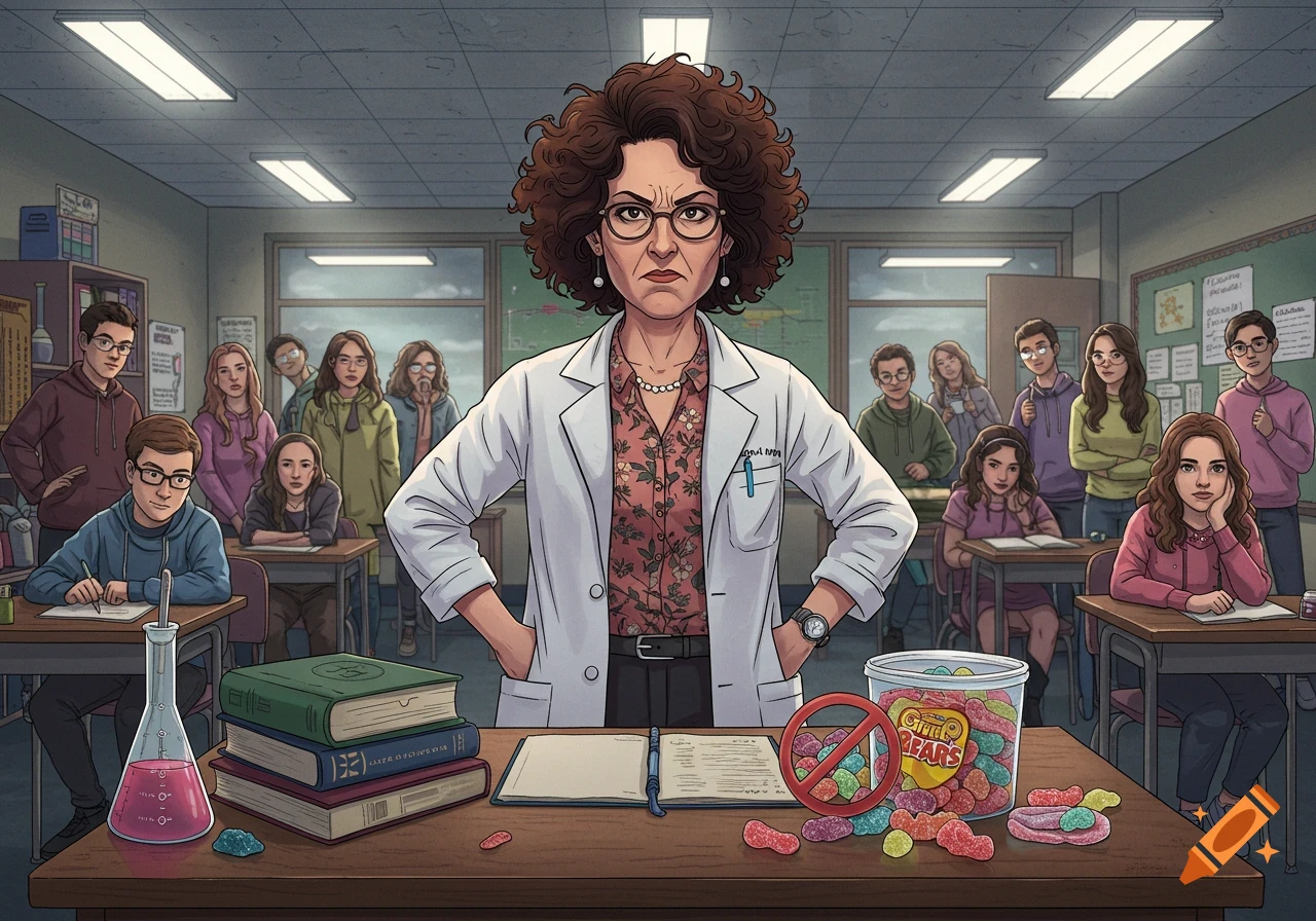 Illustration of a mean science teacher standing in a classroom with students, pointing at a jar of gummy bears with a no symbol.