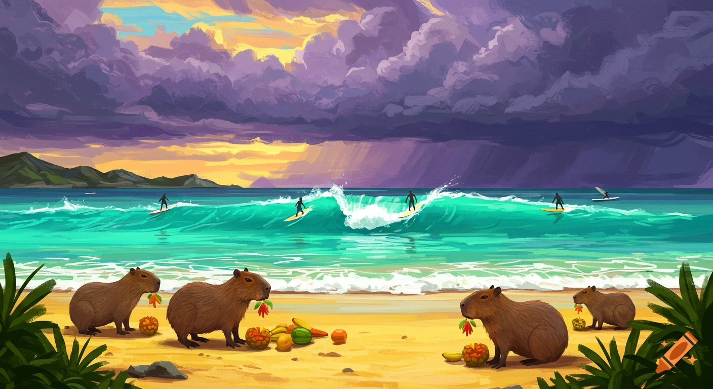 Abstract painting of capybaras eating fruit on a beach while other capybaras surf waves under storm clouds.
