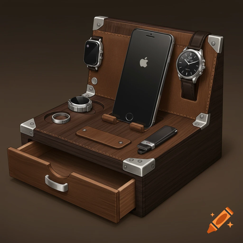A detailed still life illustration of a brown leather and wood men's catch-all organizer holding an iPhone, two watches, a ring, and a USB drive.