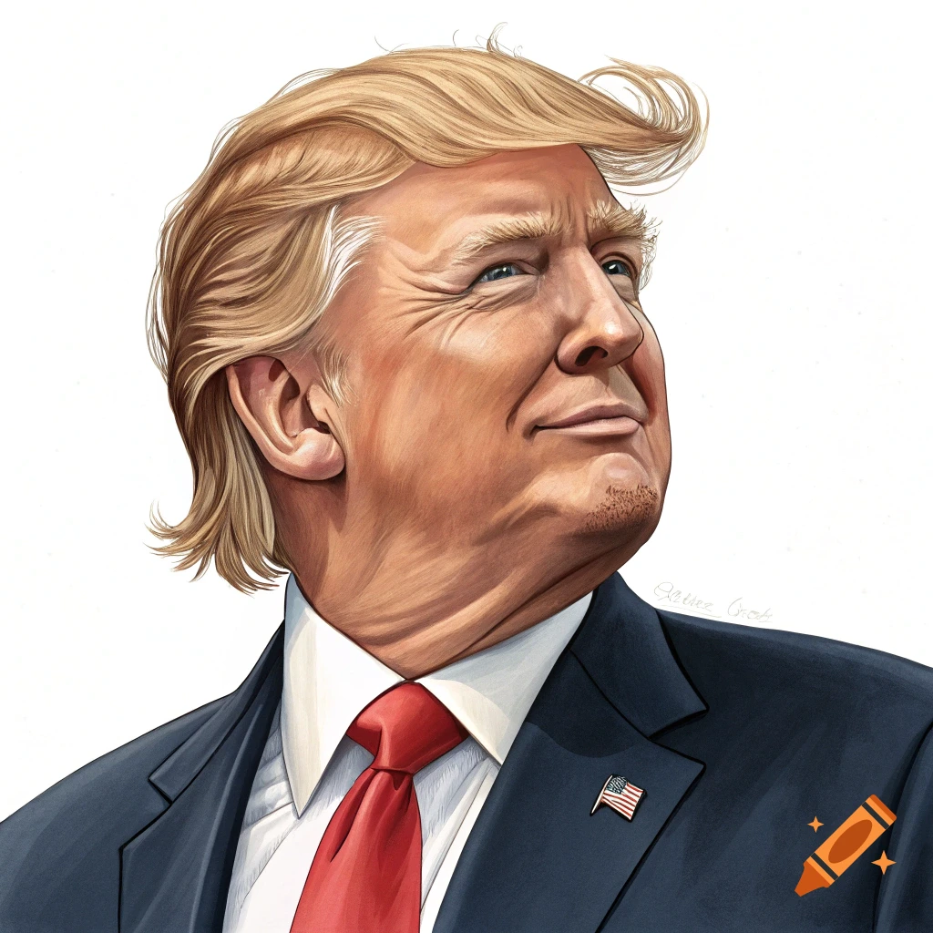 Caricature portrait of Donald Trump in a suit, looking up.