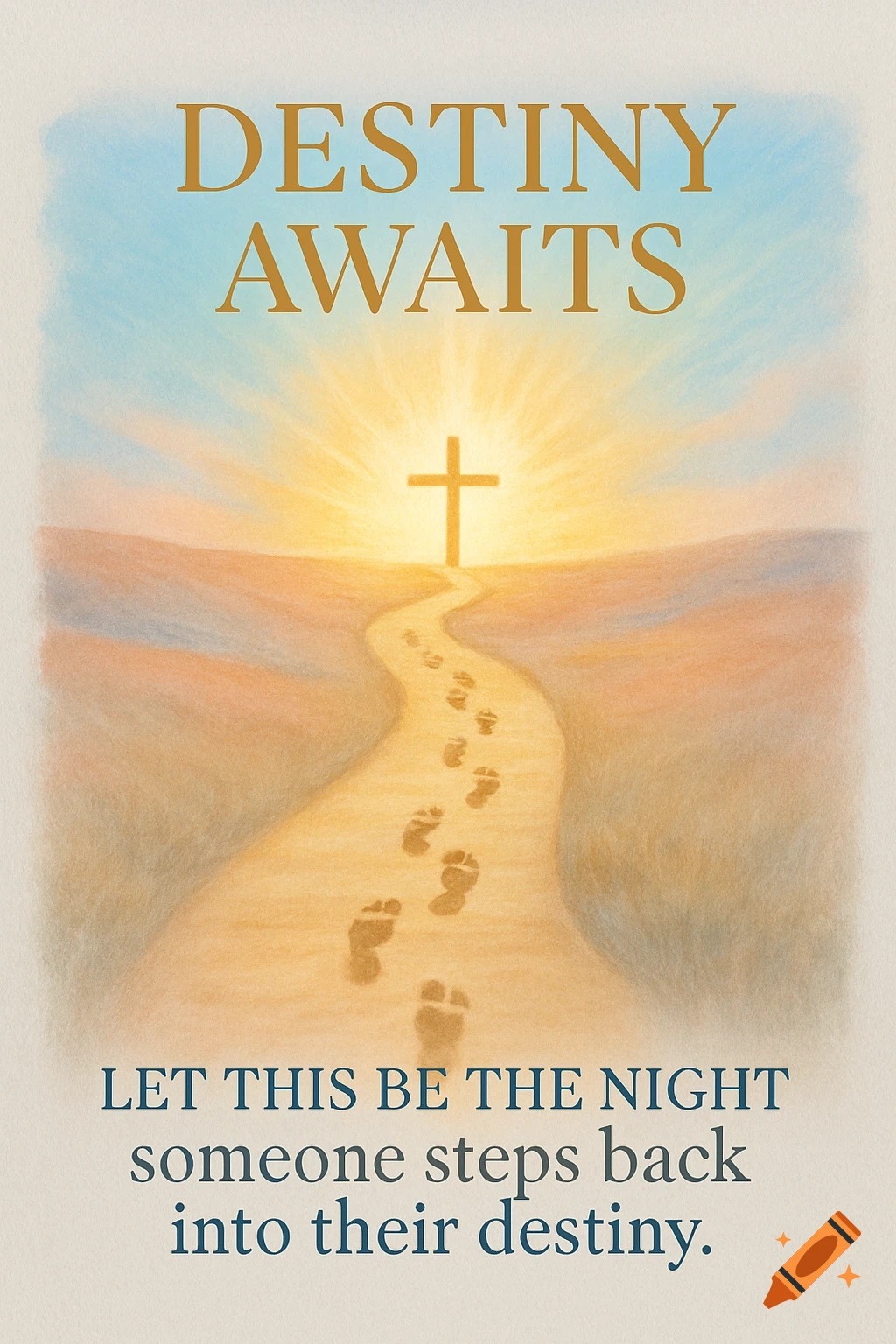 A path with footprints leading to a cross on a horizon with bright light. Text reads "DESTINY AWAITS" and "LET THIS BE THE NIGHT someone steps back into their destiny."