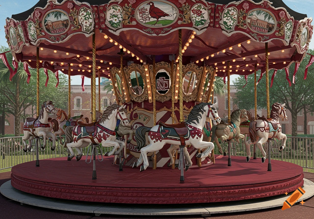 A carousel decorated with University of South Carolina themes, featuring horses and campus buildings.