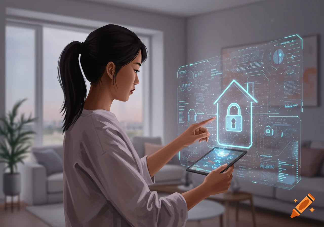 Woman interacting with a virtual smart home security interface, illustration style