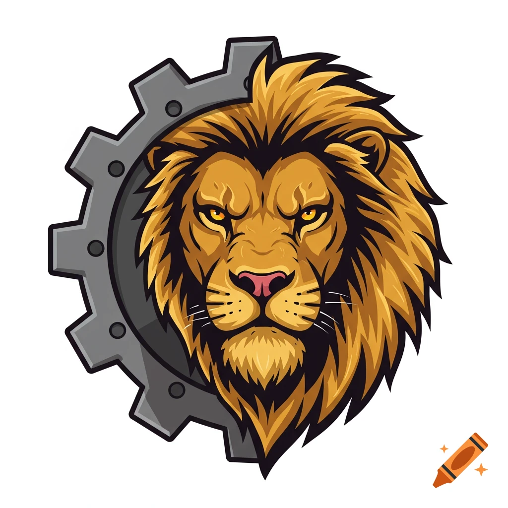 Vector graphic of a lion's head partially obscured by a gear.