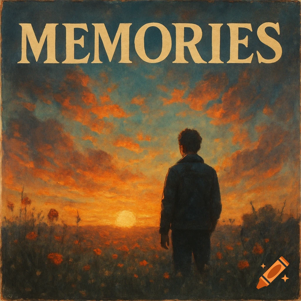 Textured album art with 'MEMORIES' over a figure watching a sunset in a field of flowers.
