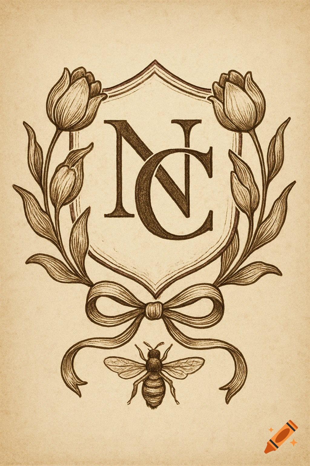 Vintage drawing of a crest with NC initials, tulips, a bow, and a bee.