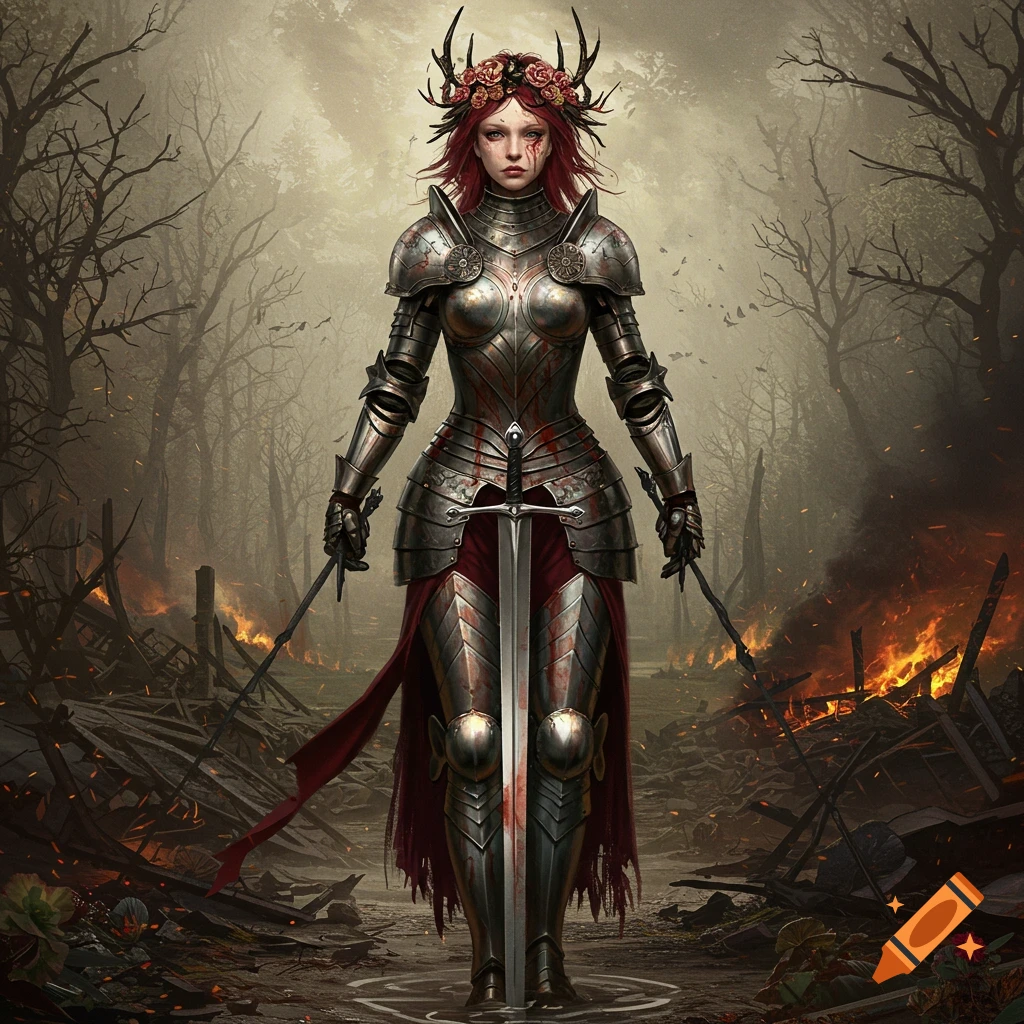 A knight in elaborate bloody armor stands centered in a destroyed, burning forest battlefield, wearing a crown of roses and antlers.