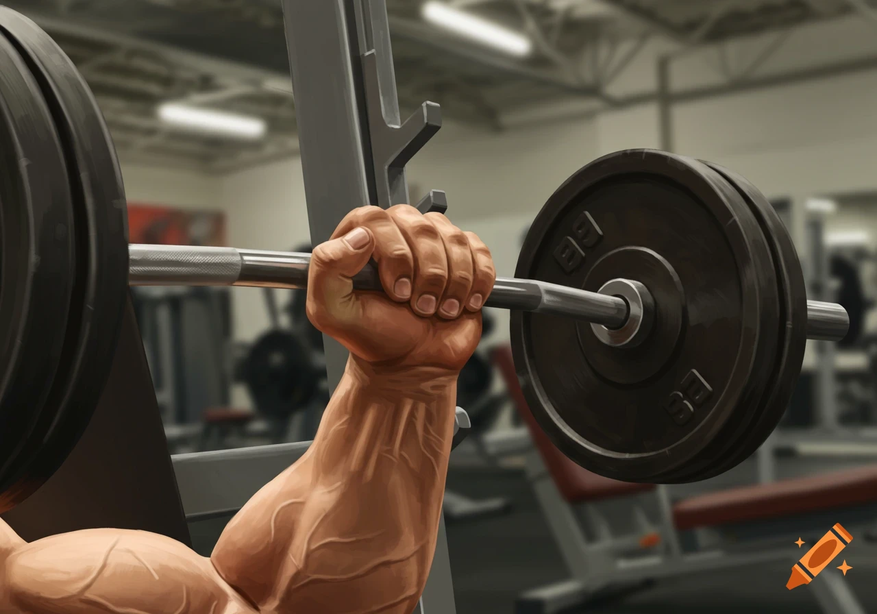 Close-up of a muscular arm and hand lifting a barbell on a bench press machine in a gym.