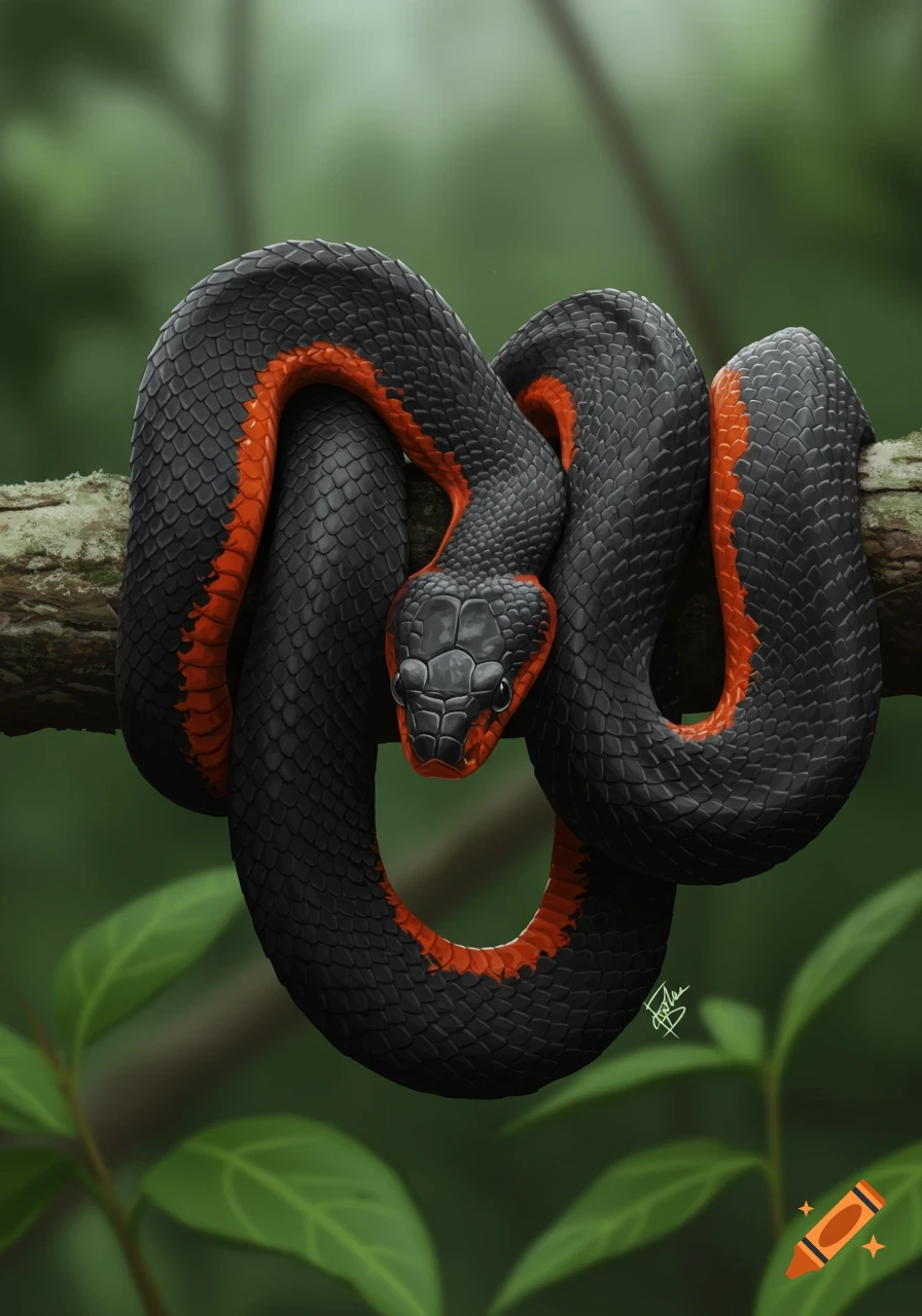 A red-bellied black snake coiled on a tree branch in a forest.