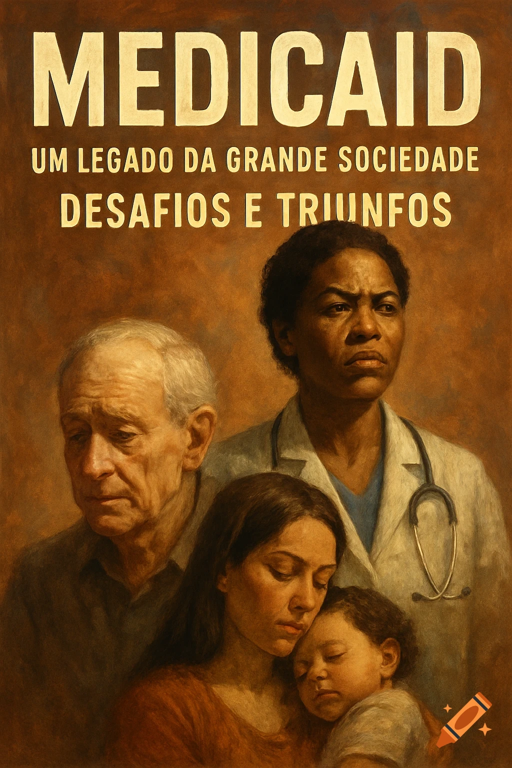 A painting of an elderly man, a Black doctor, a mother holding a baby, under text about Medicaid.