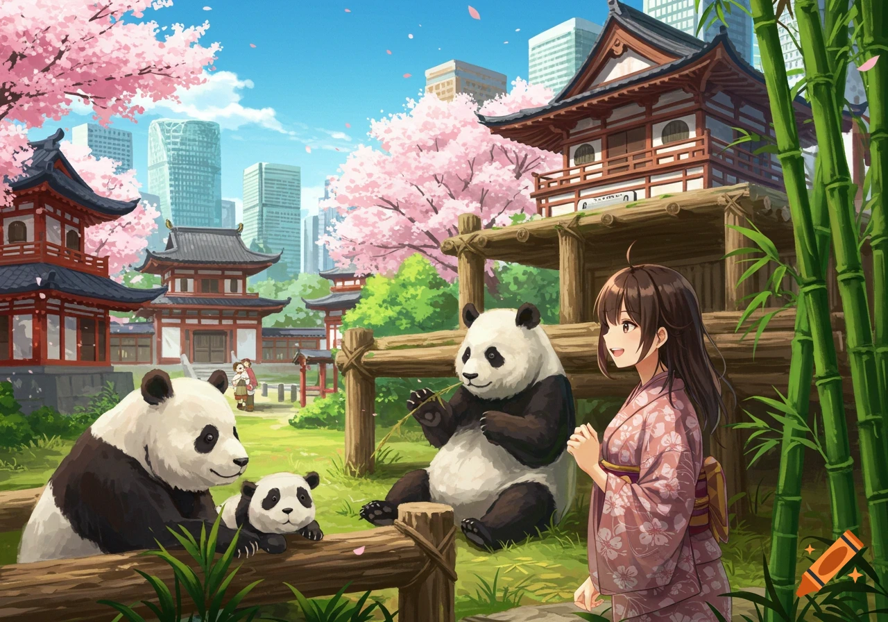 Anime illustration of a woman in a kimono watching pandas in a Japanese park with temples, cherry blossoms, and city buildings.