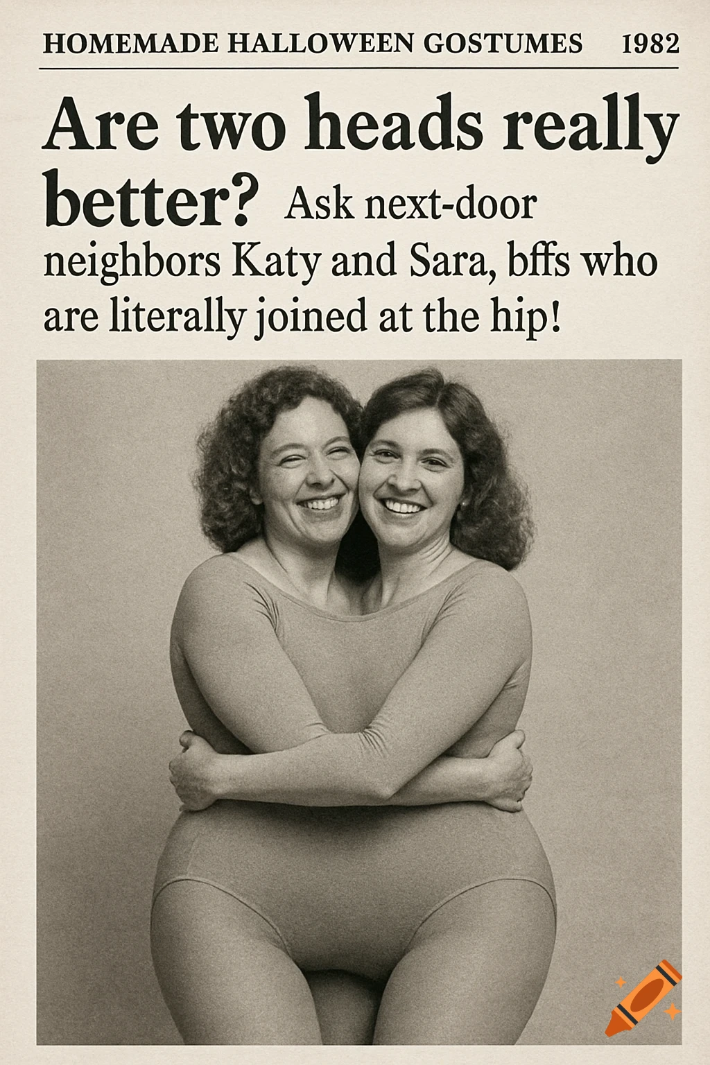 A mock vintage magazine article about a homemade two-headed Halloween costume worn by two smiling women.